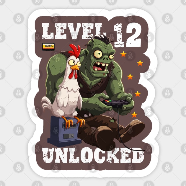 Level 12 Unlocked, Birthday - Zombie And Chicken Sticker by Megadorim